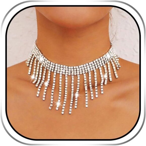 Rhinestone Choker Necklaces Silver Neck Chain Sparkly Tassel Necklace Dainty Par - Picture 1 of 7